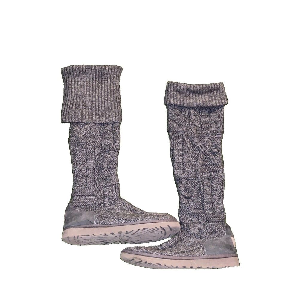UGG Australia Cardi Over Knee Cable Knit Sweater Boots Grey Womens 9 USA Made